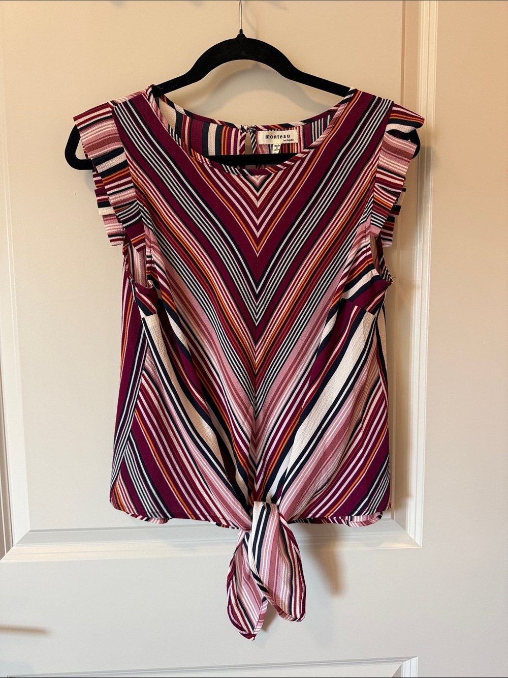 Monteau Striped Tie-Front Camisole in Berry, Pink, Navy, Cream